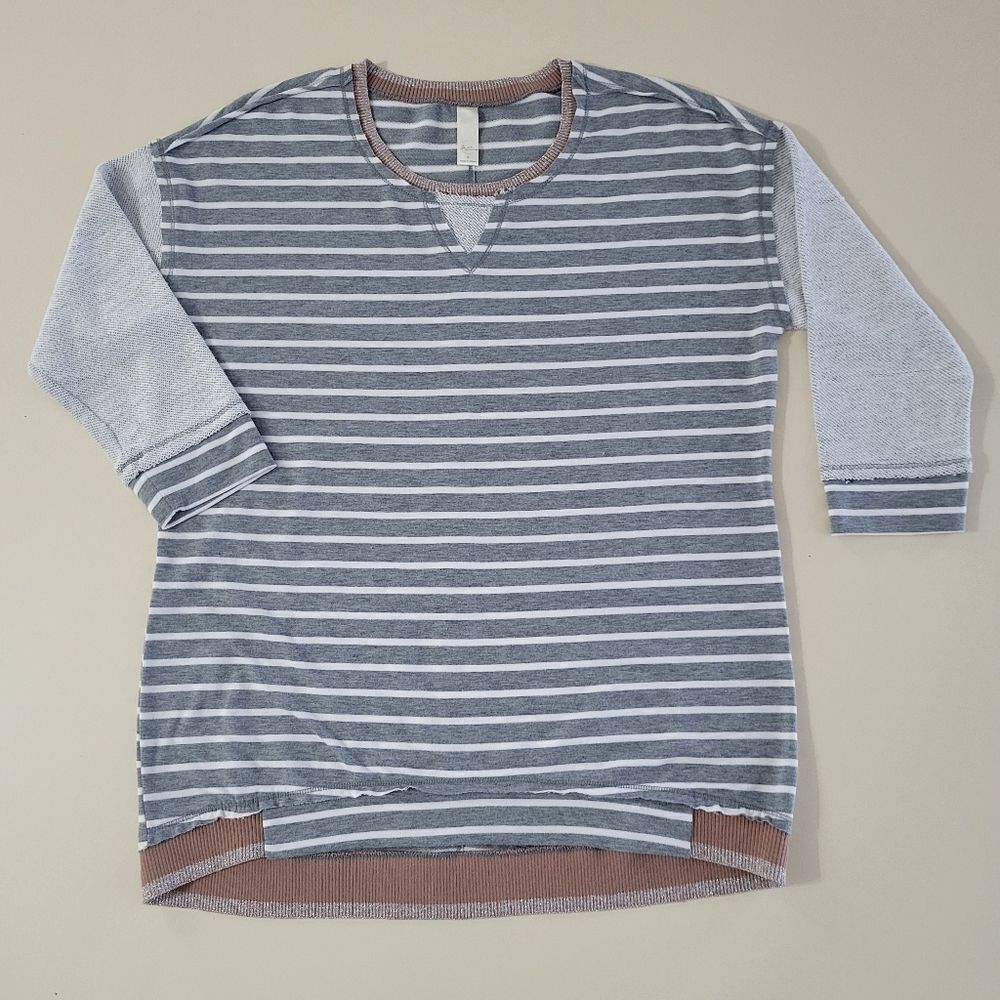 Cato Gray Striped Mixed Media Crewneck Sweatshirt